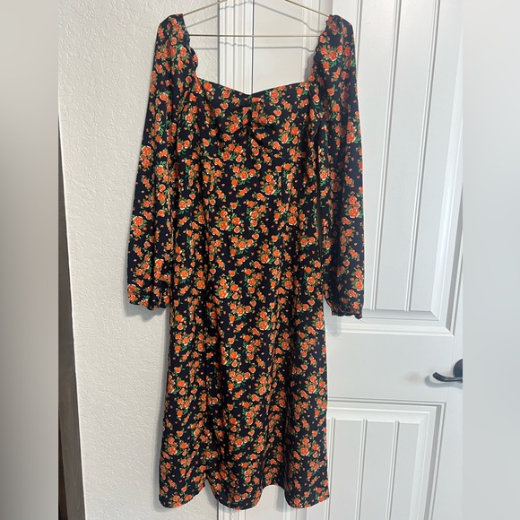 MISSGUIDED Navy Blue & Orange Floral Print A-Line Dress with High Slit fall - Picture 6 of 7